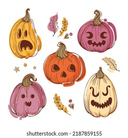 Jack-o-lantern set, cute vintage witch pumpkins. Bright autumn illustration in sketch style for Halloween. Vegetables and leaves. Warm earthy tones. For stickers, posters, cards, design elements.