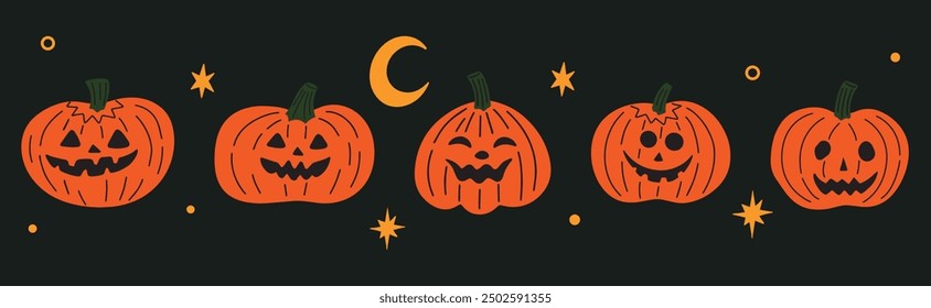 Jack-O-Lantern, Conjunto de calabazas de Halloween con caras sonrientes Ilustración vectorial en estilo funky groovy retro de dibujos animados, colección de cabezas de calabaza talladas espeluznantes. Decoración espeluznante, temible de las vacaciones de otoño