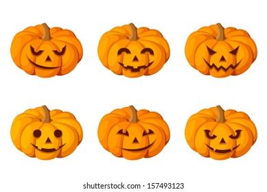 Jack-O-Lantern. Set of six Halloween pumpkins. Vector illustration.   