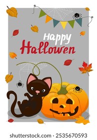 Jack-o-lanterna, aranhas e gato preto para convite. Festa de férias de Halloween, modelo de flyer fantasma bonito com lanterna, abóboras. Ilustração vetorial em estilo plano.