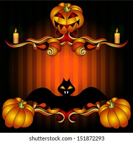 Jack-o-lantern vector helloween  card with bat and carved pumpkin