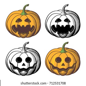 Jack-o-lantern vector set in retro-style. Collection of 4 Pumpkins for Halloween