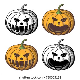 Jack-o-lantern vector set in retro-style. Pumpkins collection for Halloween