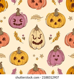 Jack-o-lantern. Vintage drawing for Halloween. Bright colorful pumpkins in sketch style with scary and funny faces on a beige background. Leaves and stars. For wallpaper, print, packaging, background.