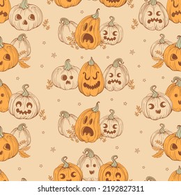 jack-o-lantern. Vintage Halloween pattern. Pumpkins in hand drawn style with scary and funny faces on a beige background. Leaves and stars. For wallpaper, print, packaging, background.