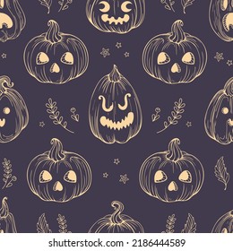 jack-o-lantern. Vintage pattern for halloween. Golden pumpkins in sketch style with scary and funny faces on a dark background. Leaves and stars. For wallpaper, print, wrapping, background.