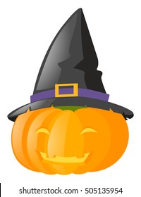 Jack-o-lantern wearing witch hat illustration