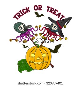 Jack-o-lantern, Witch Freak Wands & Flying Vampire Bats, isolated on white background. Black magic & witchcraft symbol. Halloween vector typography poster. Vintage Element. T-shirt & textile design.