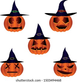 Jack-o'-lantern in witch hat.Halloween pumpkin set. Different faces. Isolated.