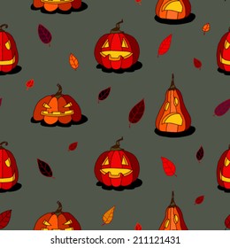  Jack-o'-lanterns and autumn leaves. Vector seamless pattern.