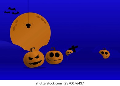 Jack-o'-lanterns, bats and spiders on the blue background, illustration of a Halloween theme banner with the pumpkins.