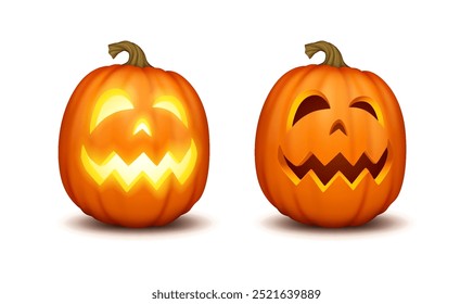 Jack-o-lanterns with carved sharp teeth realistic color icons set. Festive mischievous pumpkins 3d characters illustrations on white background