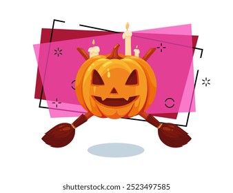 Jack-o-lanterns with crossed brooms and burning candles vector illustration. Halloween banner design. Celebration, party, holiday, magic concept. Can be used for poster or invitation design