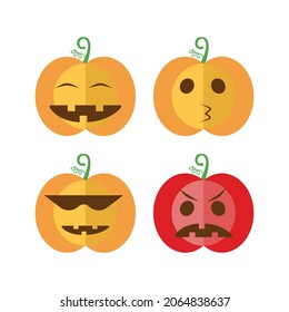 Jack-o-lanterns expression: smiling, whistling, a cool face, and angry. Illustration set of Halloween pumpkins.