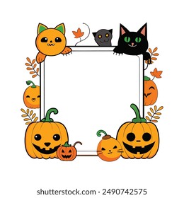 Jack-O-Lanterns Frame Border 3. A clip art white background illustration of a couple of jack-o-lantern Halloween pumpkins as a framed border