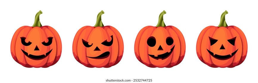 Jack-o-lanterns (calabazas de Halloween) aislado en un fondo blanco. Conjunto de Ilustraciones vectoriales. Ilustración dibujada a mano, no IA