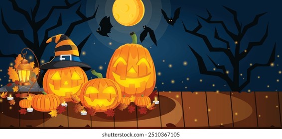 Jack-o`-linternas con calabazas, velas y hojas de otoño en superficie de madera rústica contra el cielo nocturno iluminado por la luna con murciélagos y luciérnagas - Anuncio Horizontal de Halloween con Copyspace 