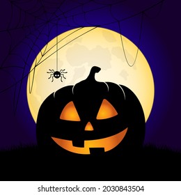 Jack-o'-lanterns and spider with full moon. Halloween square background.