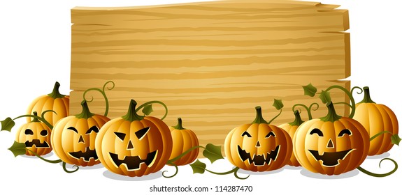 Jack-o-lanterns with wooden blank sign