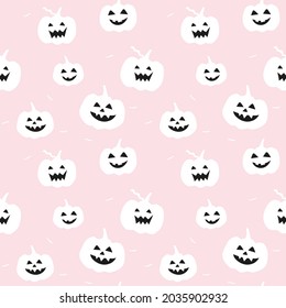 Jack-o-Lntern Halloween seamless pattern for baby or toddler girl fabric in pastel pink, black and white colours.