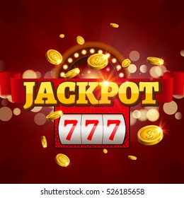 Jackpot 777 gambling poster design. Money coins winner casino success concept. Slot machine game prize.