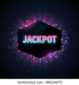 Jackpot advertisement template. Blue, purple and pink dust and beams on dark background. Geometric shape banner with text.