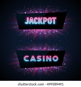 Jackpot advertisement template. Blue, purple and pink dust and beams on dark background. Geometric shape banners with text.
