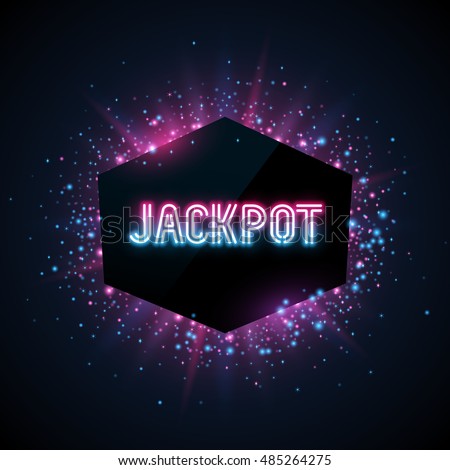 Jackpot advertisement template. Blue, purple and pink dust and beams on dark background. Geometric shape banner with text.