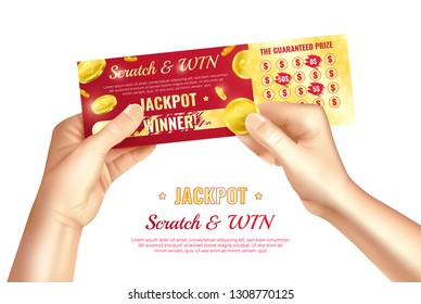 Jackpot advertising poster with scratch lottery card in human hands realistic vector illustration