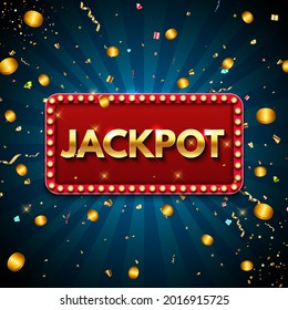 Jackpot background with falling gold confetti. Casino or lottery advertising template. Vector illustration EPS10