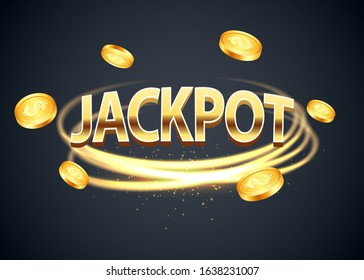 Jackpot banner with bright light and fly gold coin. Vector illustration