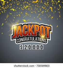 Jackpot banner with falling confetti. Vector illustration.