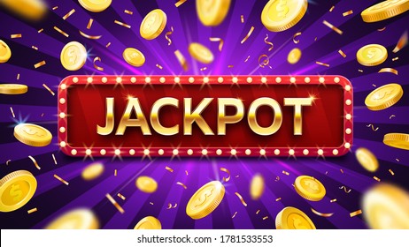 Jackpot banner with falling gold coins and confetti. Casino or lottery advertising template. Winning money, Prize in gambling game. Congratulations with dollars vector illustration