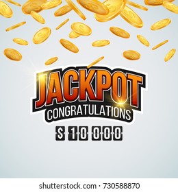 Jackpot banner with falling gold coins. Vector illustration.