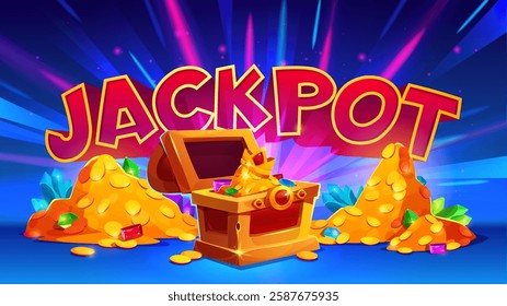 Jackpot banner with glowing text over piles of golden coins, wooden treasure chest, colorful gemstones on bright blue background. Casino slot game reward screen elements for gambling interface.