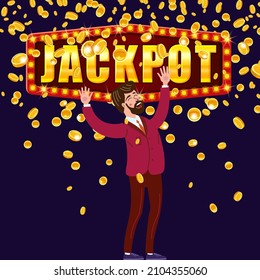 Jackpot banner Happy man falling money gold coins rain. Winner lottery, prize, falling cash. Vector illustration