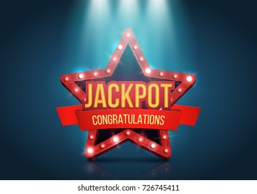 Jackpot banner illuminated by spotlights with retro star. Vector illustration.