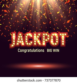 Jackpot banner illuminated by spotlights with confetti. Vector illustration.