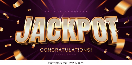Jackpot banner. Luxury background with gold text, confetti and rays of light. Congratulatory poster for lottery or casino winner. Design element for gambling. Realistic 3D vector illustration
