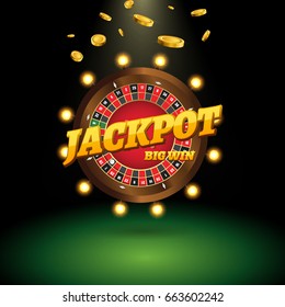 Jackpot banner sign in the form of roulette. Vector big win billboard for casino. Winner sign in the form of wheel with coins money