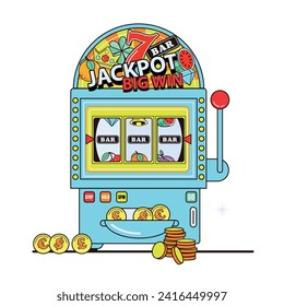 Jackpot big win slot machine casino mockup in retro style flat 2D cartoon style