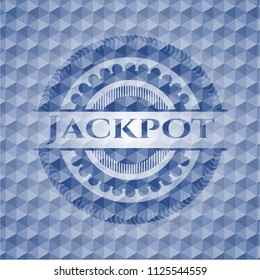 Jackpot blue badge with geometric background.