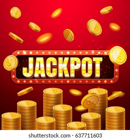 Jackpot casino banner, read more button. Red mobile slots Big win background template with flying coins, retro light bulb style, colored ads or splash screen for game. Vector illustration. EPS 10