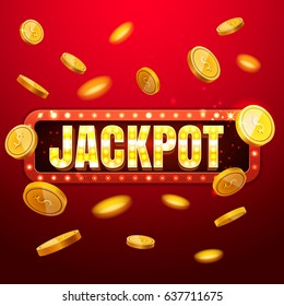 Jackpot casino banner, read more button. Red mobile slots Big win background template with flying coins, retro light bulb style, colored ads or splash screen for game. Vector illustration. EPS 10