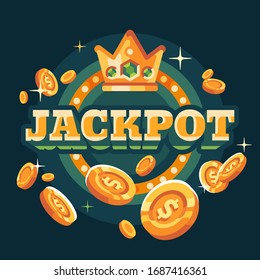Jackpot casino green round retro sign with flying gold coins flat illustration