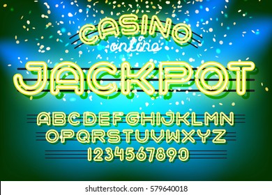 Jackpot Casino Lettering. Neon Light Alphabet Vector Font. Neon Tube Letters On Dark Glow Background