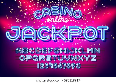 Jackpot Casino Lettering. Neon Light Alphabet Vector Font. Neon Tube Letters On Dark Glow Background