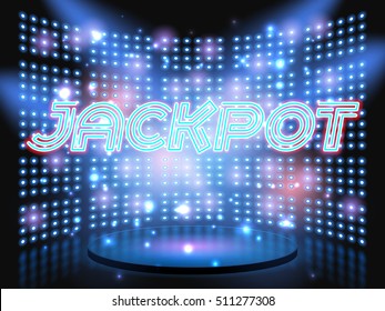 Jackpot casino neon lettering live stage on background with lightbulb glowing wall. Jackpot winner. Vector abstract background