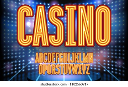 Jackpot casino neon lettering stage on background with glowing wall. Vector abstract background