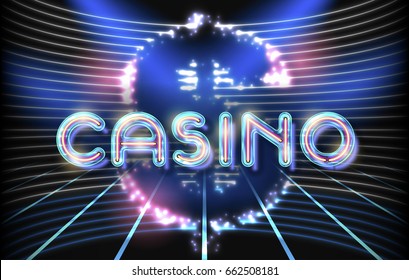 Jackpot casino neon lettering stage on background with glowing wall. Vector abstract background